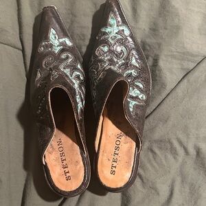 Stetson Women's Dark Brown Mules with Teal Embroidery